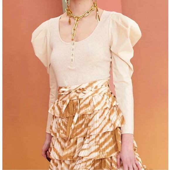 Ulla Johnson Joanne Poplin Sleeve Rib Knit Top Ribbed Jersey Oatmeal Beige - Picture 11 of 14